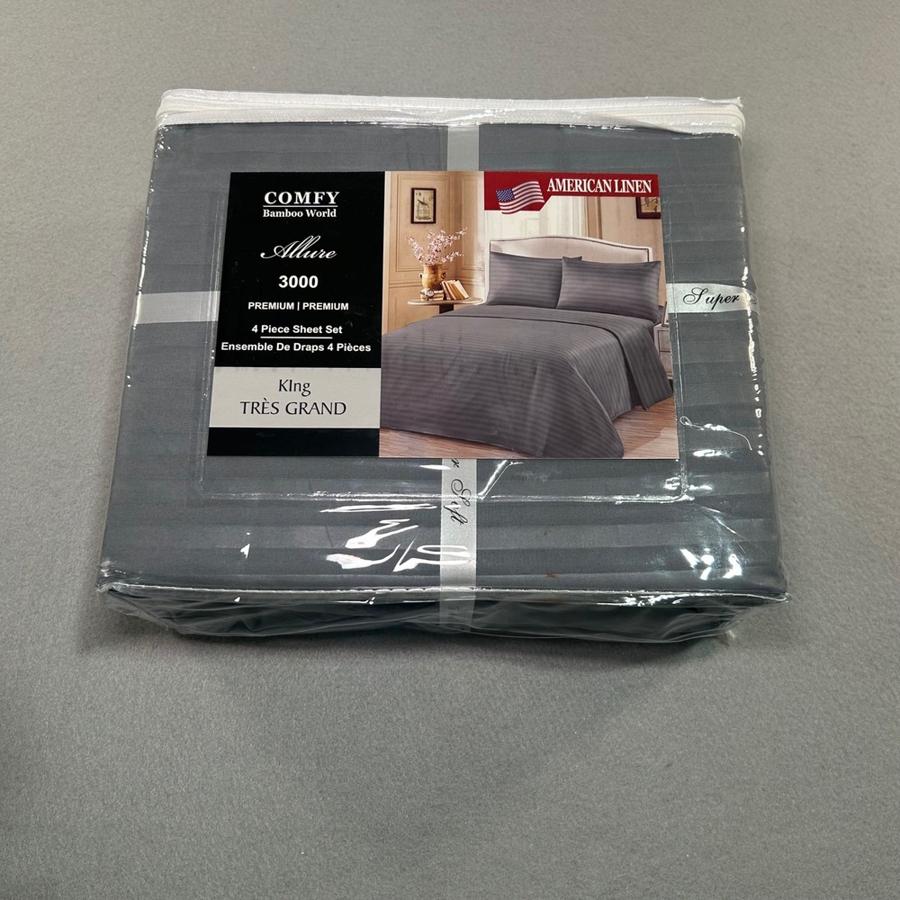 American Linen Sheet Set King Grey Allure 3000 Bamboo World 4 Piece Striped